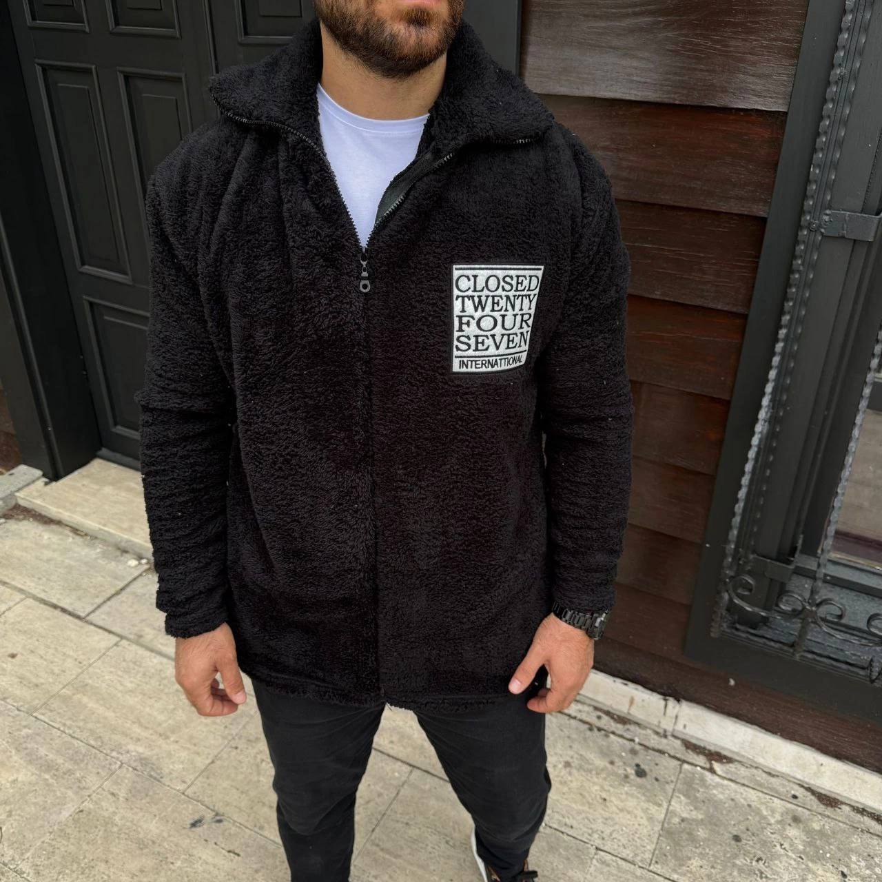 ASSEMA Erkek Polar Fermuarlı Sweatshirt Kapüşonsuz Cepli Yumuşak Dokulu Oversize Kalıp - Siyah