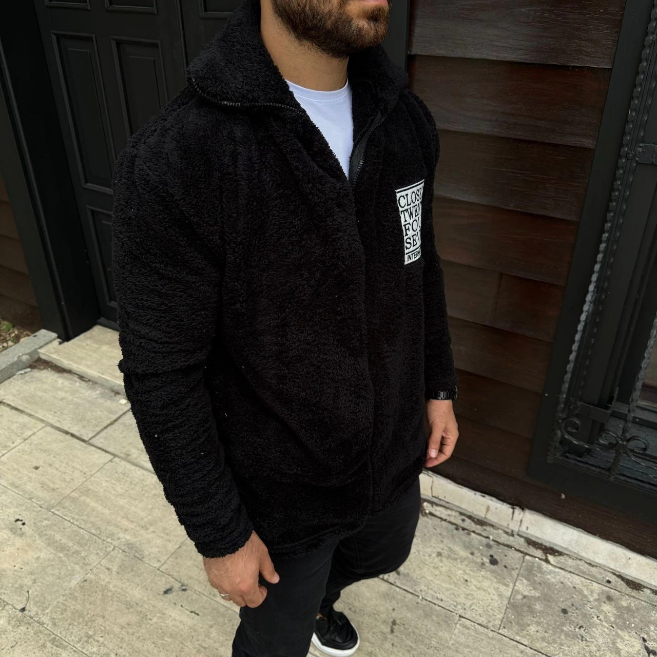 ASSEMA Erkek Polar Fermuarlı Sweatshirt Kapüşonsuz Cepli Yumuşak Dokulu Oversize Kalıp - Siyah