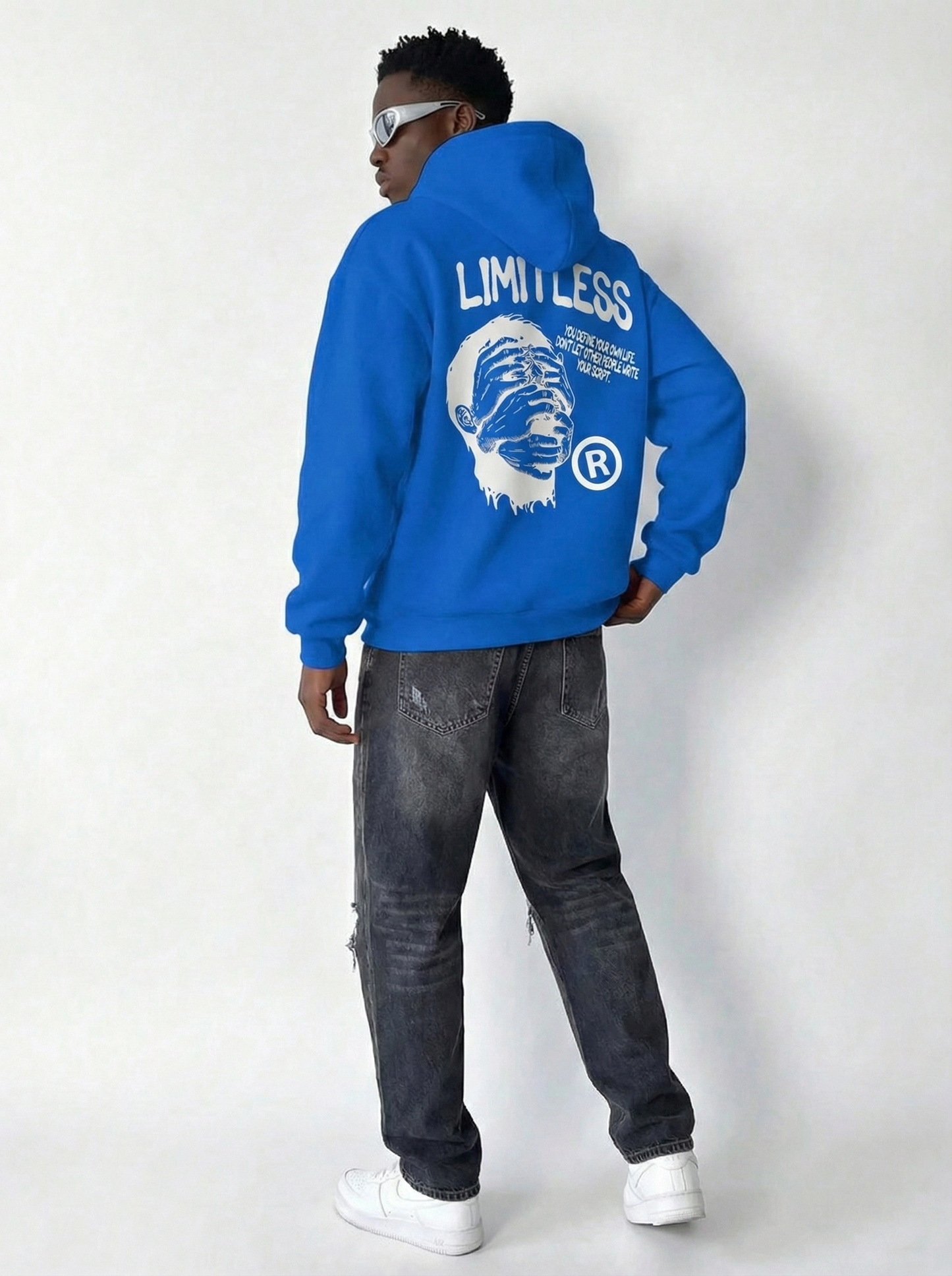 ASSEMA Erkek Premium Baskılı Kapşonlu Sweatshirt Üç İplik İçi Pamuklu Kanguru Cepli Double Oversize Rahat Kalıp Hoodie - Saks Mavi