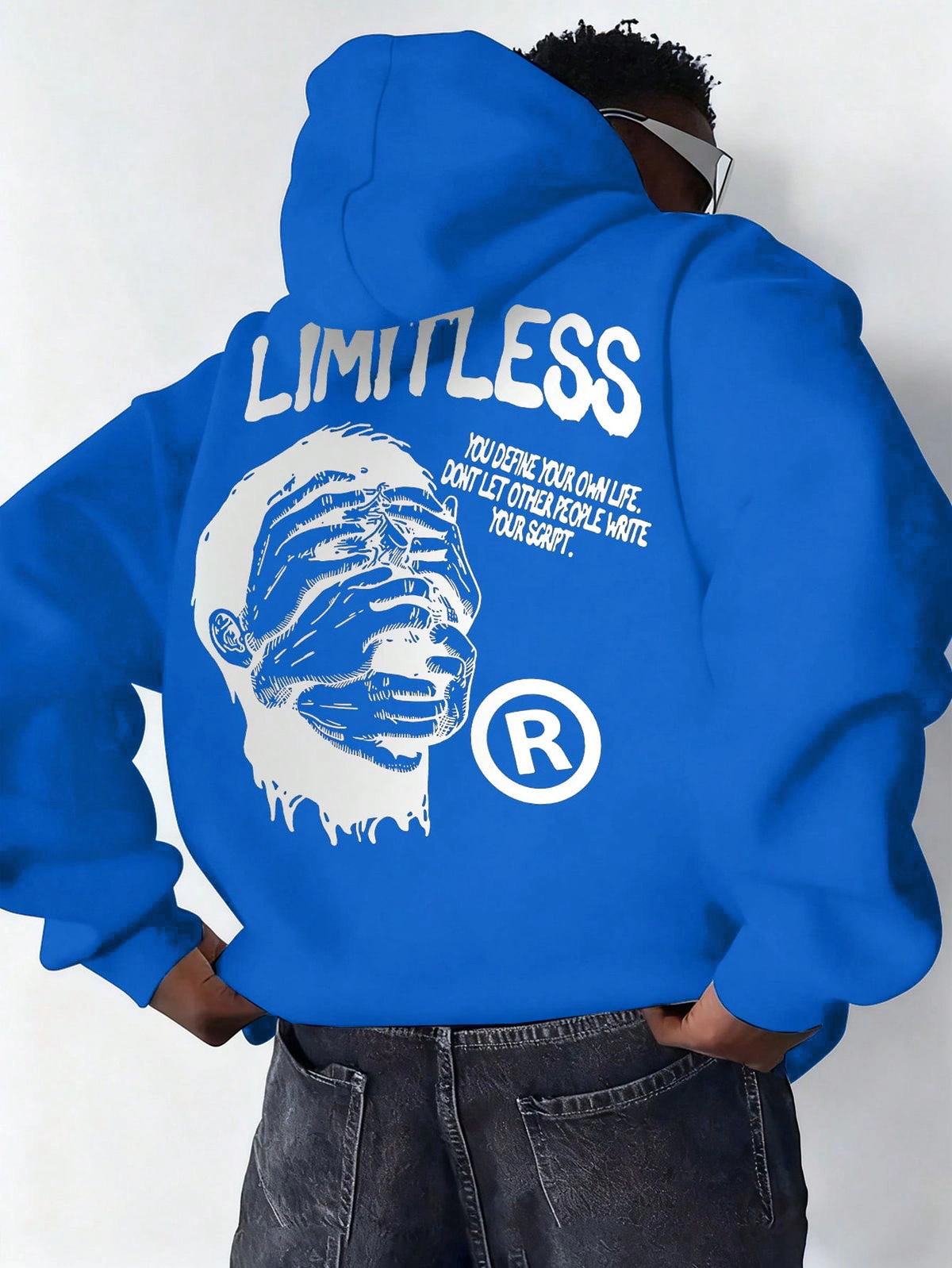 ASSEMA Erkek Premium Baskılı Kapşonlu Sweatshirt Üç İplik İçi Pamuklu Kanguru Cepli Double Oversize Rahat Kalıp Hoodie - Saks Mavi