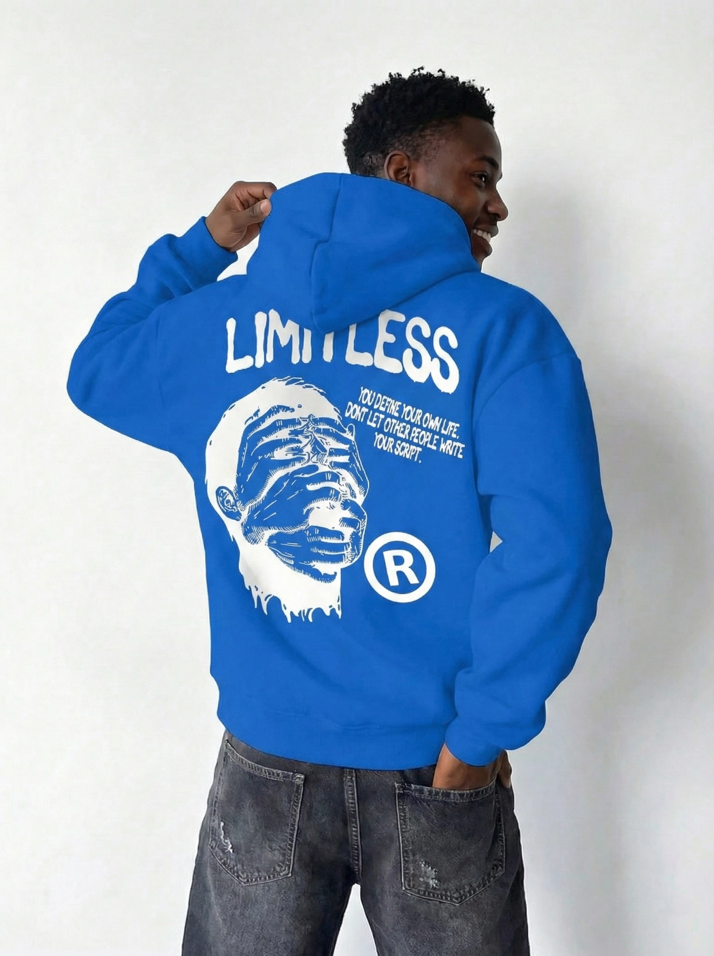 ASSEMA Erkek Premium Baskılı Kapşonlu Sweatshirt Üç İplik İçi Pamuklu Kanguru Cepli Double Oversize Rahat Kalıp Hoodie - Saks Mavi