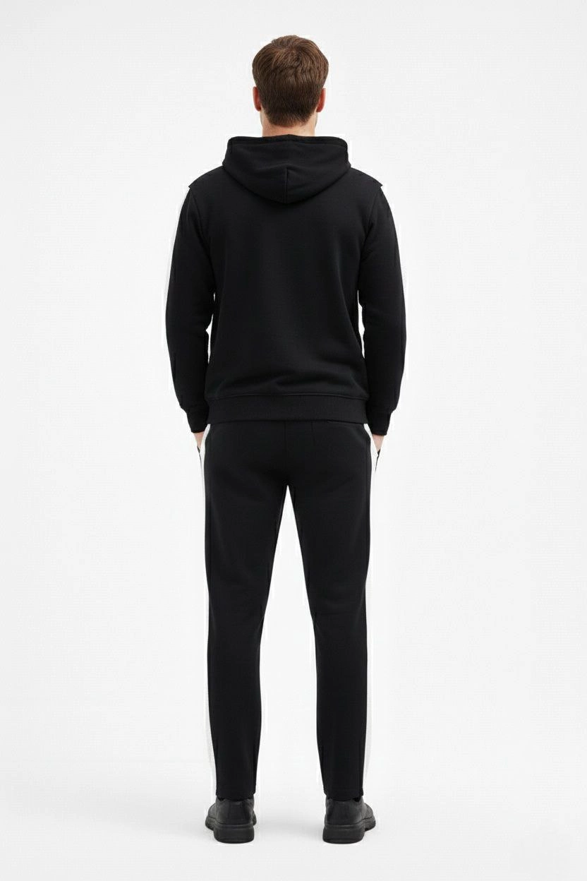 ASSEMA Erkek Şeritli Eşofman Takım Kapüşonlu Sweatshirt Boru Paça Alt, Oversize 3 iplik Pamuklu - Siyah