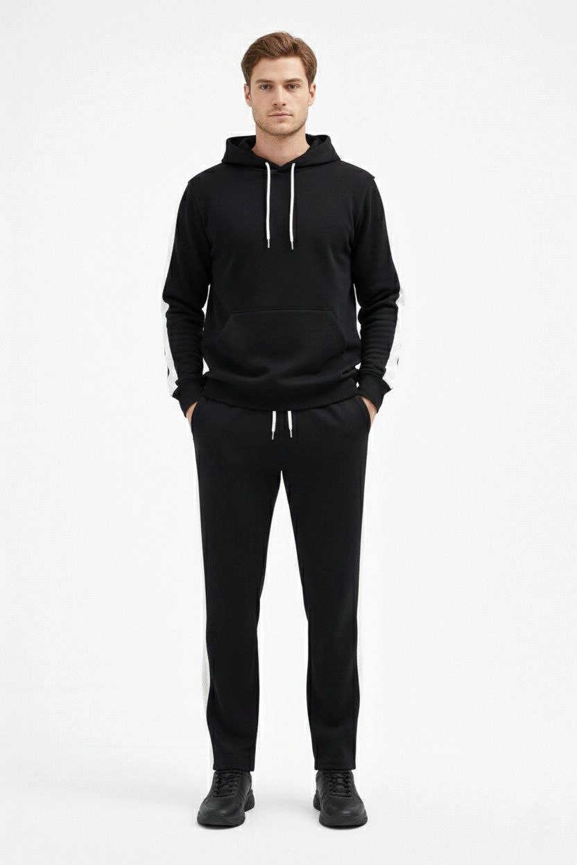 ASSEMA Erkek Şeritli Eşofman Takım Kapüşonlu Sweatshirt Boru Paça Alt, Oversize 3 iplik Pamuklu - Siyah