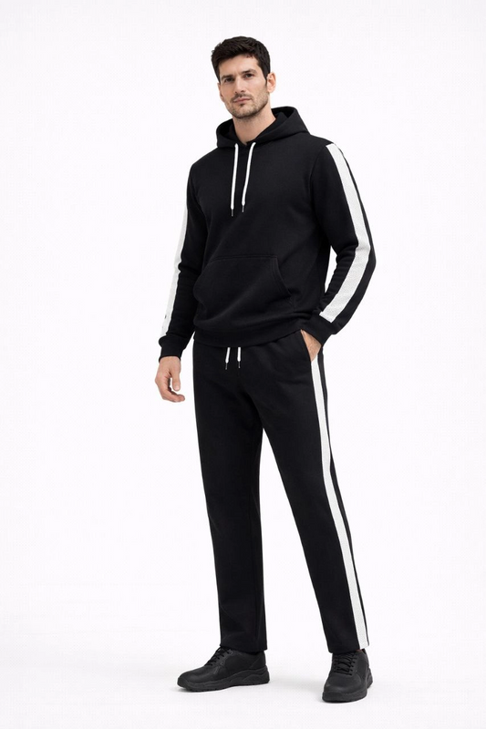 ASSEMA Erkek Şeritli Eşofman Takım Kapüşonlu Sweatshirt Boru Paça Alt, Oversize 3 iplik Pamuklu - Siyah