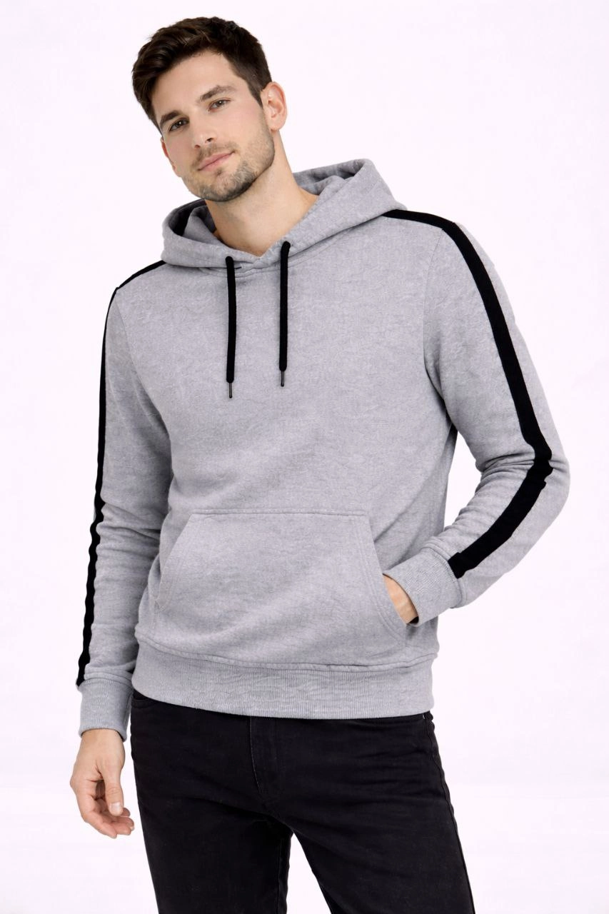 ASSEMA Erkek Şeritli Kapüşonlu Sweatshirt Oversize 3 iplik Pamuklu - Gri