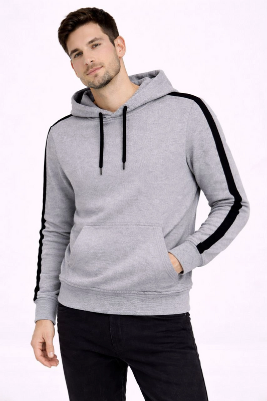 ASSEMA Erkek Şeritli Kapüşonlu Sweatshirt Oversize 3 iplik Pamuklu - Gri