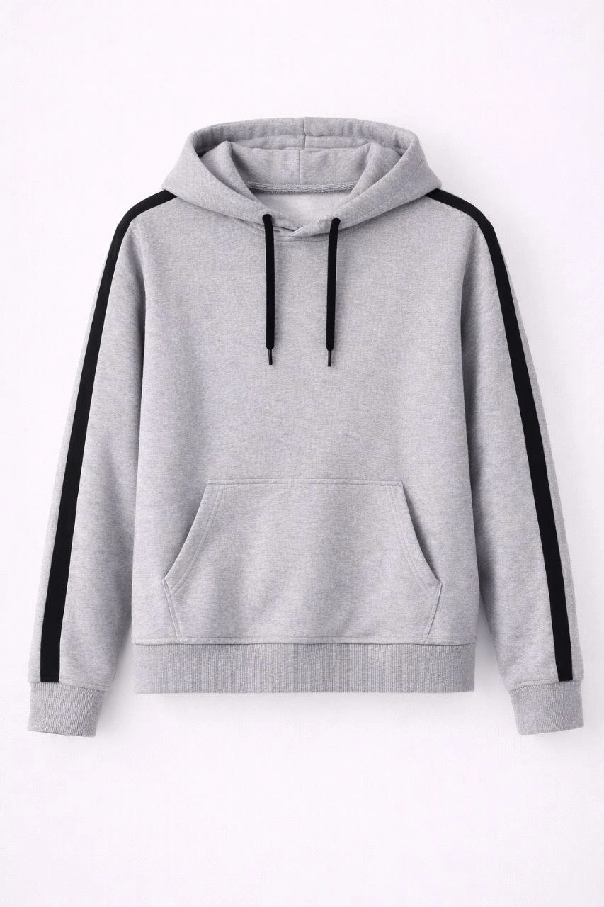 ASSEMA Erkek Şeritli Kapüşonlu Sweatshirt Oversize 3 iplik Pamuklu - Gri