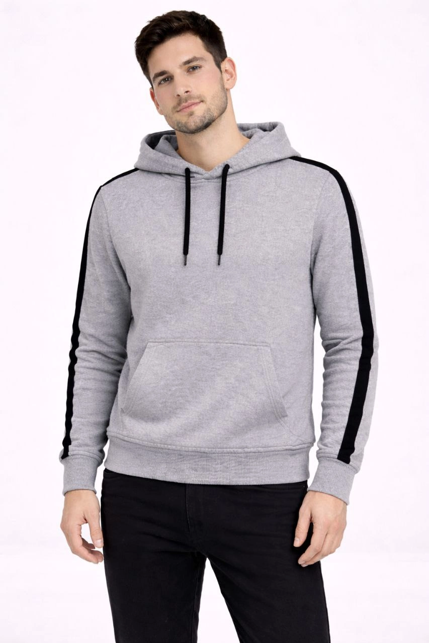 ASSEMA Erkek Şeritli Kapüşonlu Sweatshirt Oversize 3 iplik Pamuklu - Gri