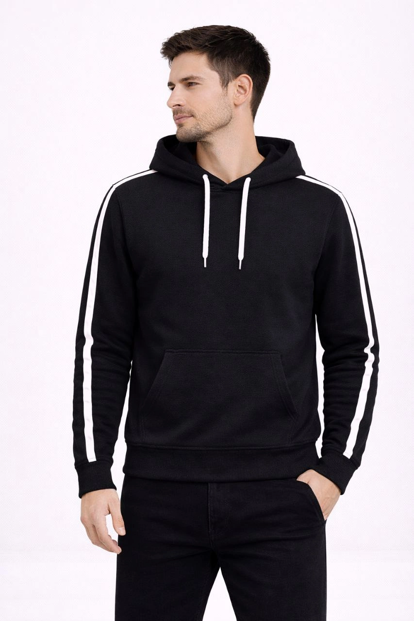 ASSEMA Erkek Şeritli Kapüşonlu Sweatshirt Oversize 3 iplik Pamuklu - Siyah