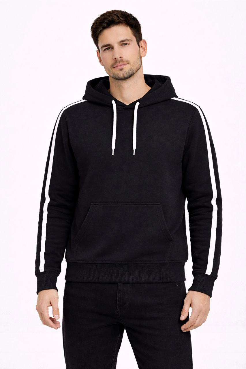 ASSEMA Erkek Şeritli Kapüşonlu Sweatshirt Oversize 3 iplik Pamuklu - Siyah