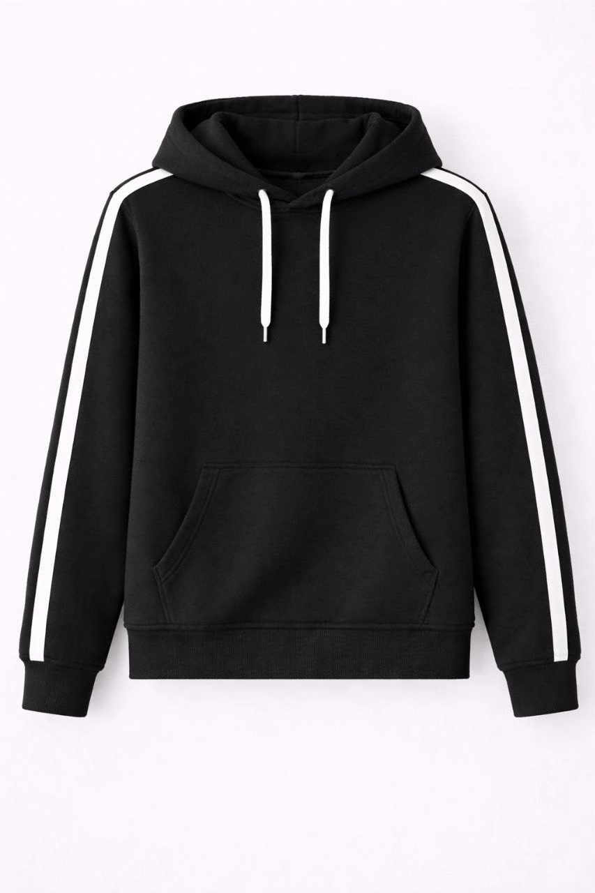 ASSEMA Erkek Şeritli Kapüşonlu Sweatshirt Oversize 3 iplik Pamuklu - Siyah