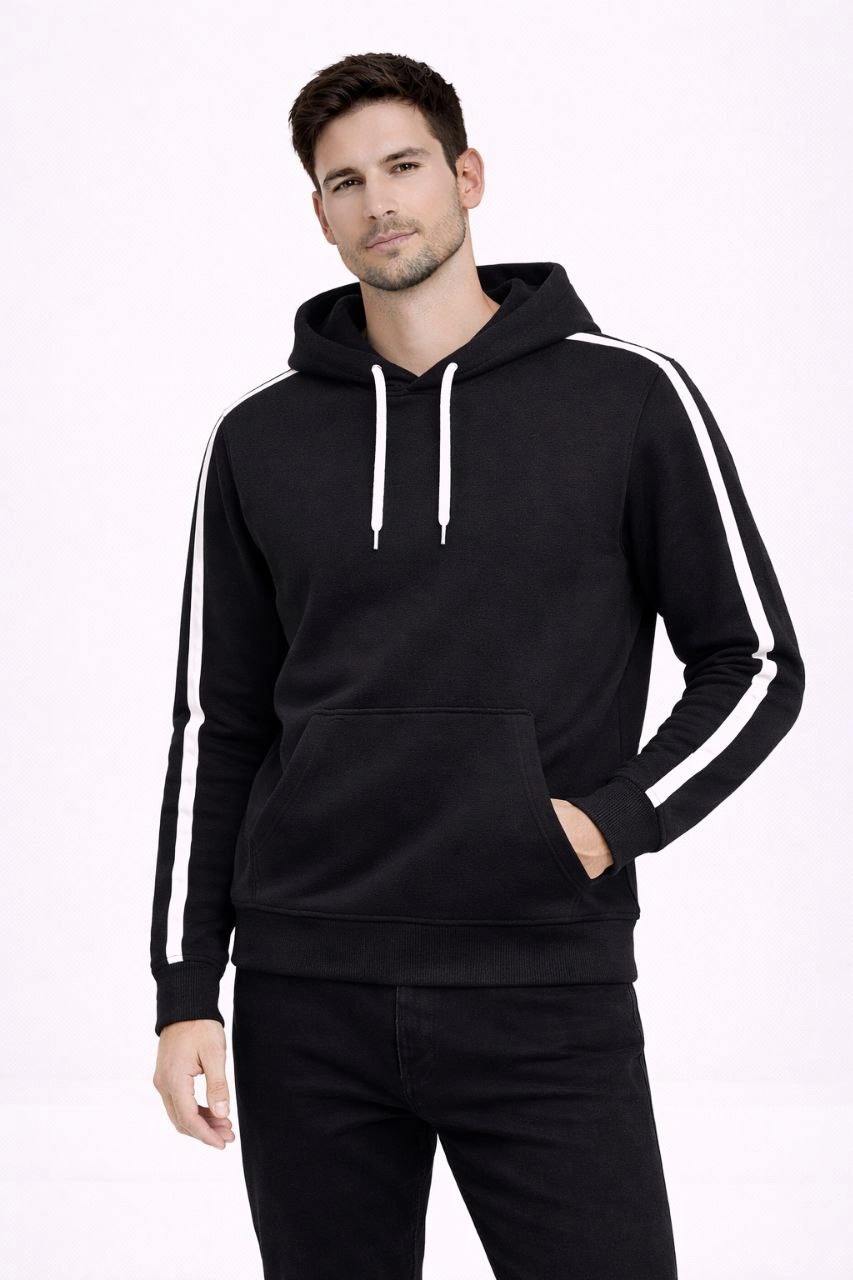 ASSEMA Erkek Şeritli Kapüşonlu Sweatshirt Oversize 3 iplik Pamuklu - Siyah