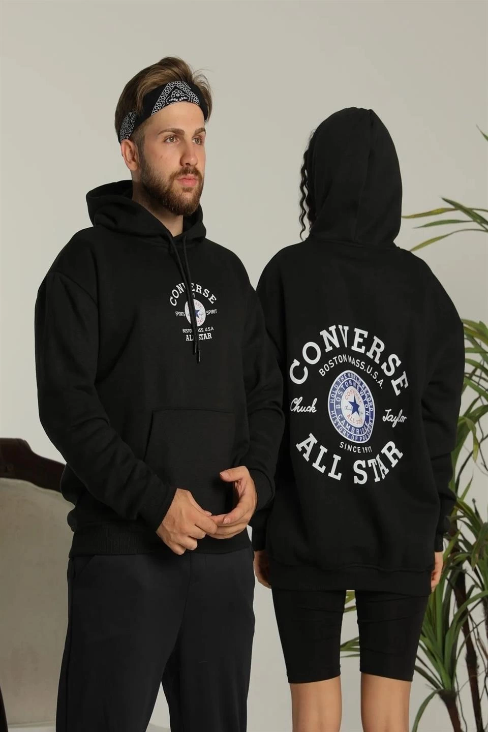 ASSEMA Erkek Sırt Baskılı Oversize Üç İplik Kapüşonlu Hoodie Sweatshirt - Siyah
