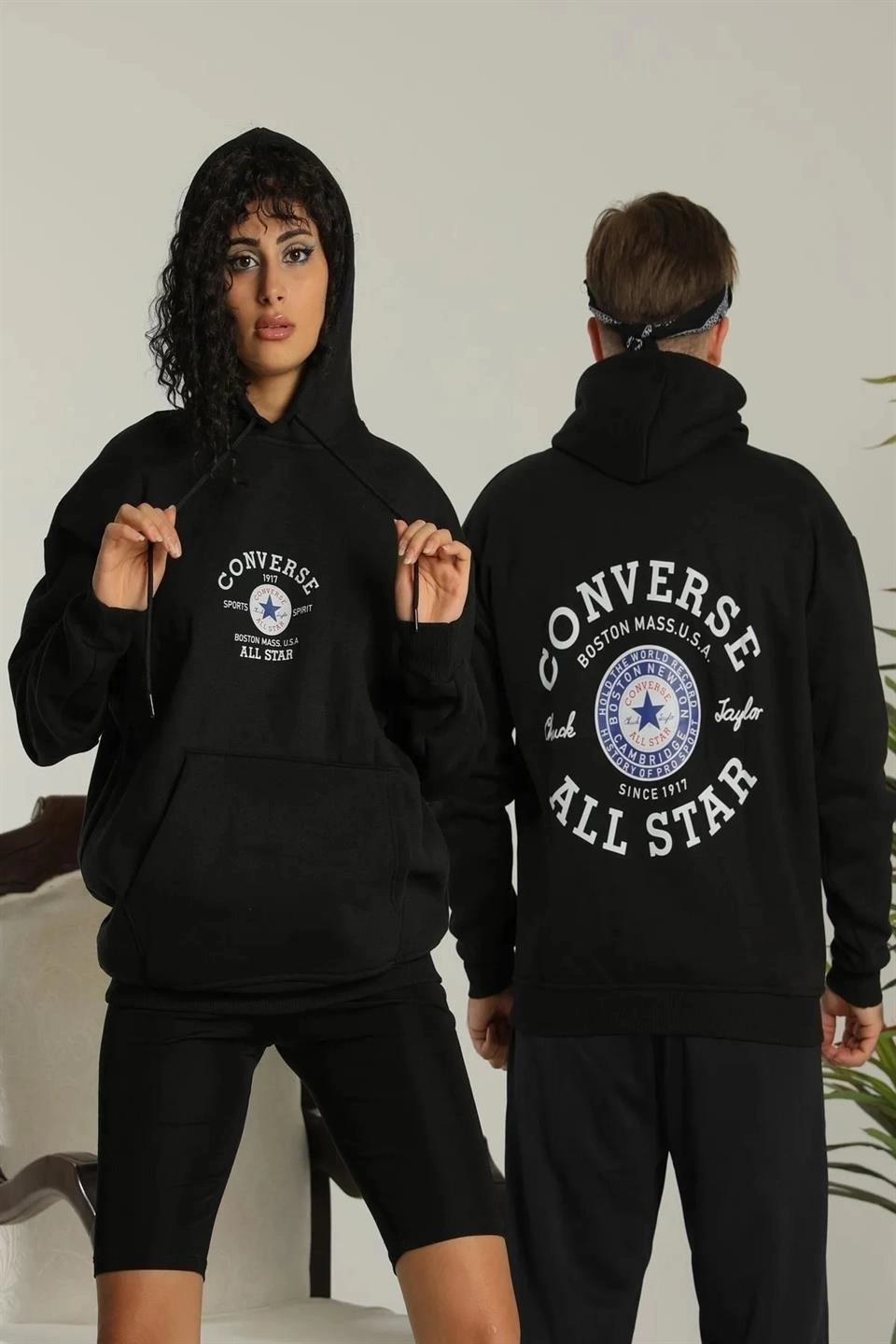 ASSEMA Erkek Sırt Baskılı Oversize Üç İplik Kapüşonlu Hoodie Sweatshirt - Siyah