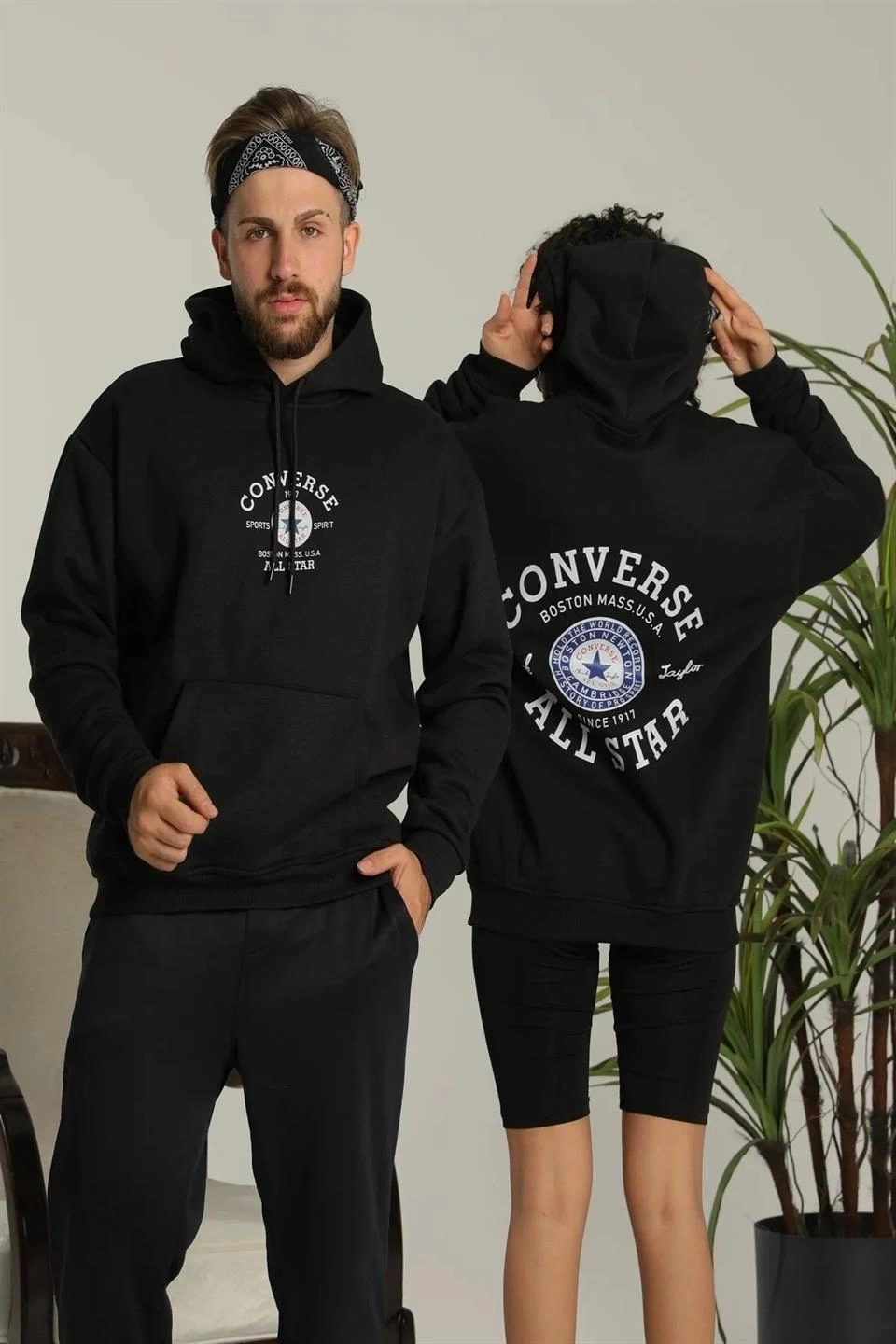 ASSEMA Erkek Sırt Baskılı Oversize Üç İplik Kapüşonlu Hoodie Sweatshirt - Siyah