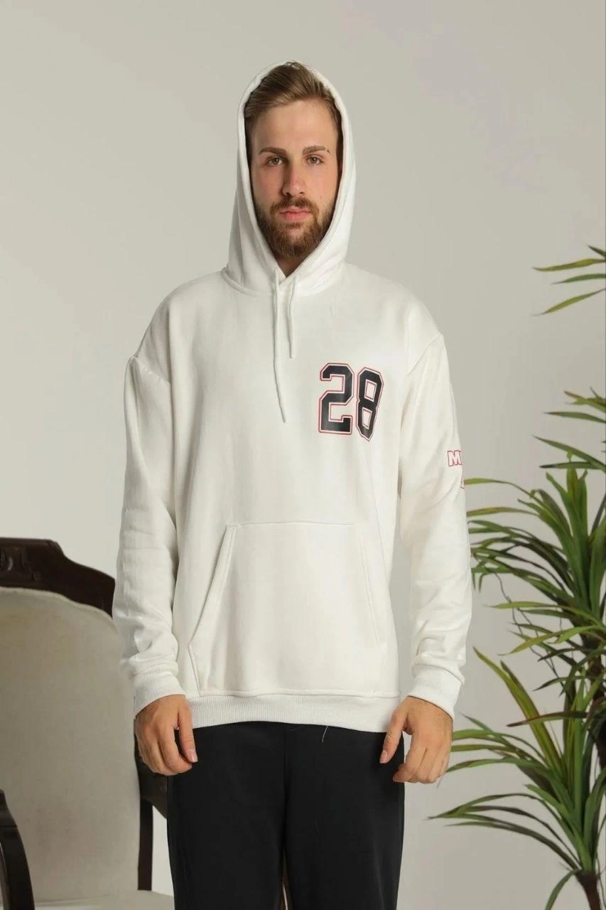 ASSEMA Erkek Oversize Üç İplik Kapüşonlu Sweatshirt -Sırt ve Ön Baskılı Kanguru - Siyah Beyaz
