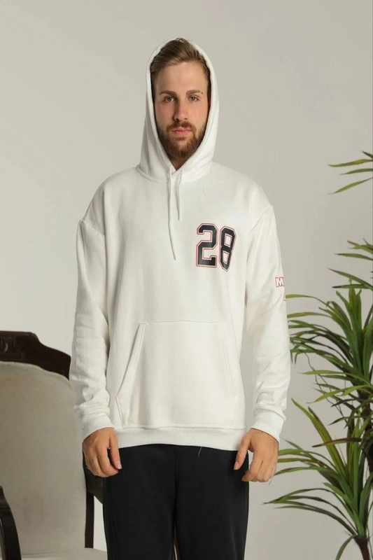 ASSEMA Erkek Sırt Baskılı Oversize Üç İplik Kapüşonlu Sweatshirt - Beyaz
