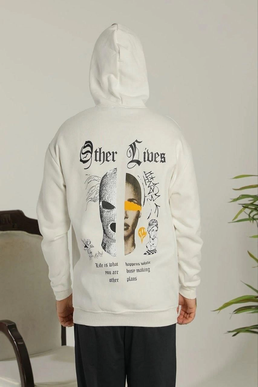 ASSEMA Erkek Kapşonlu Sweatshirt Oversize Üç İplik Şardonlu Other Lives Ön Arka Baskılı - Beyaz