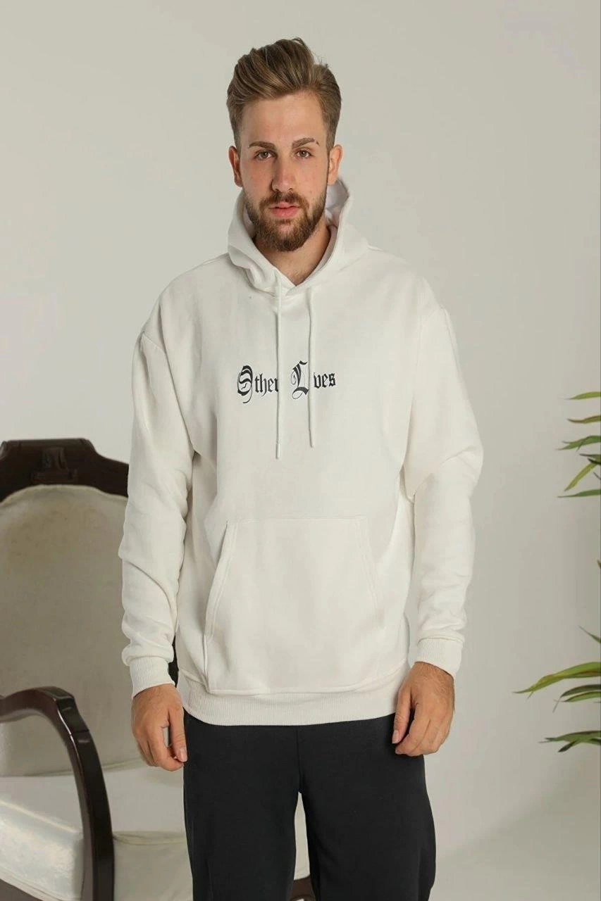 ASSEMA Erkek Oversize Üç İplik Şardonlu Kapüşonlu Baskılı Sweatshirt