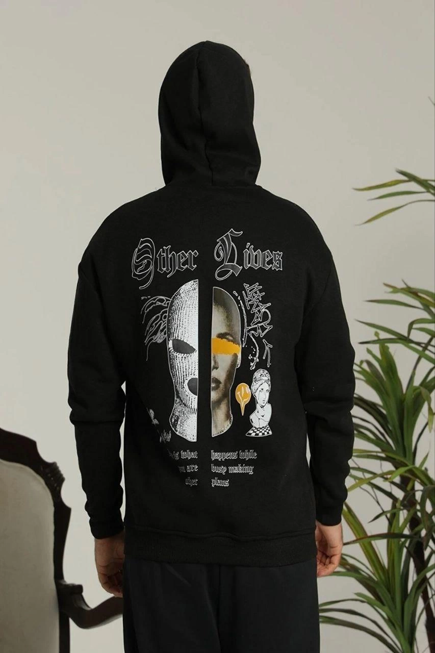 ASSEMA Erkek Kapşonlu Sweatshirt - Oversize Üç İplik Şardonlu Hoodie, 'Other Lives' Ön & Arka Baskılı, Kanguru Cepli, Kışlık Rahat Günlük Stil - Siyah