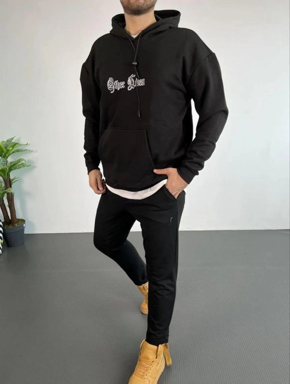 ASSEMA Erkek Kapşonlu Sweatshirt - Oversize Üç İplik Şardonlu Hoodie, 'Other Lives' Ön & Arka Baskılı, Kanguru Cepli, Kışlık Rahat Günlük Stil - Siyah