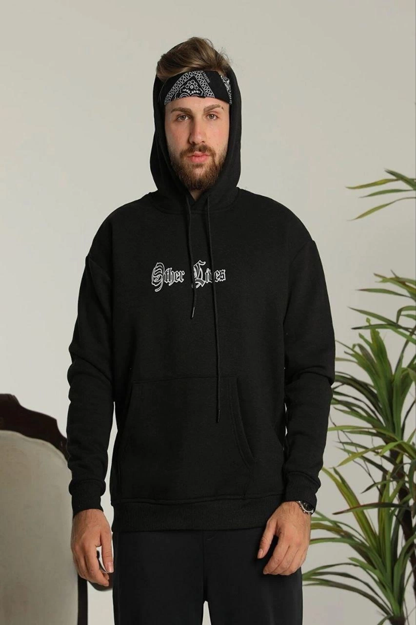 ASSEMA Erkek Kapşonlu Sweatshirt Oversize Üç İplik Pamuklu- Siyah