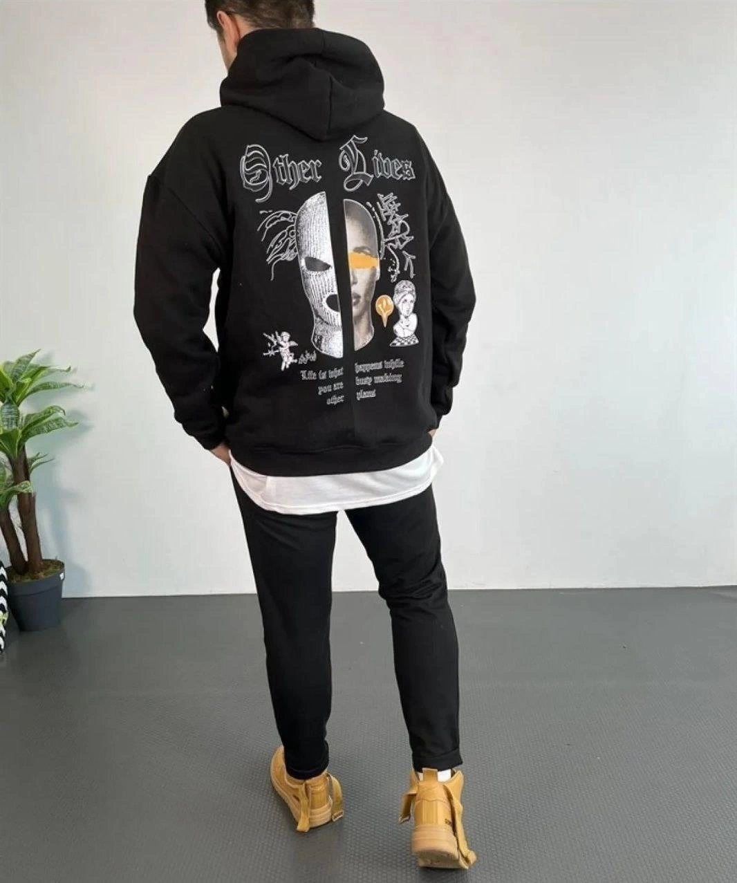 ASSEMA Erkek Kapşonlu Sweatshirt Oversize Üç İplik Pamuklu- Siyah