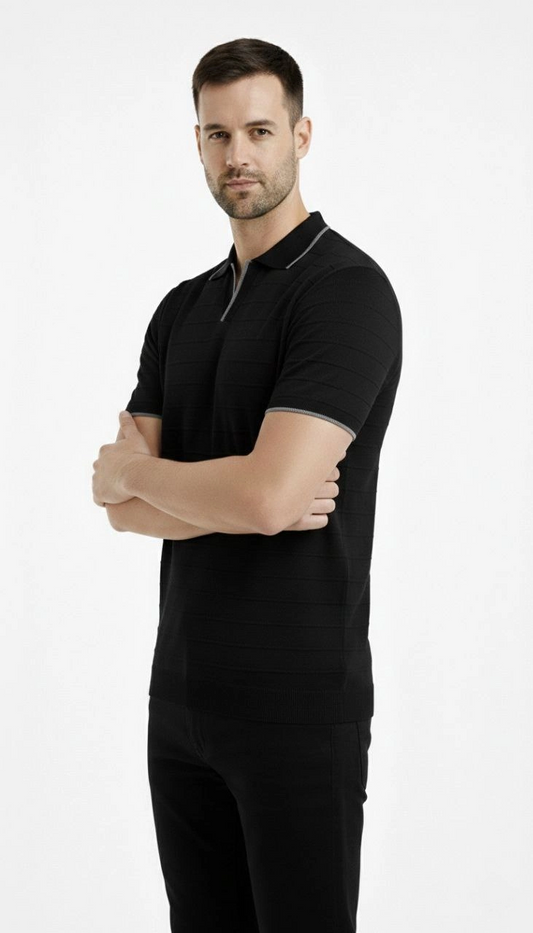 ASSEMA Erkek Triko Kumaş Yakalı Düğmesiz Açık Yaka Fitilli Kısa Kollu Regular Fit Tişört T-shirt - Siyah