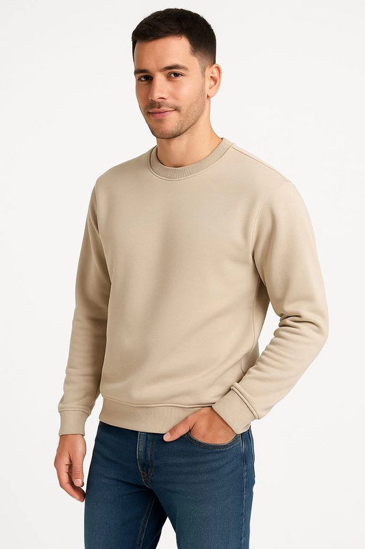 ASSEMA Erkek Üç İplik Düz Bisiklet Yaka SweatShirt - Bej