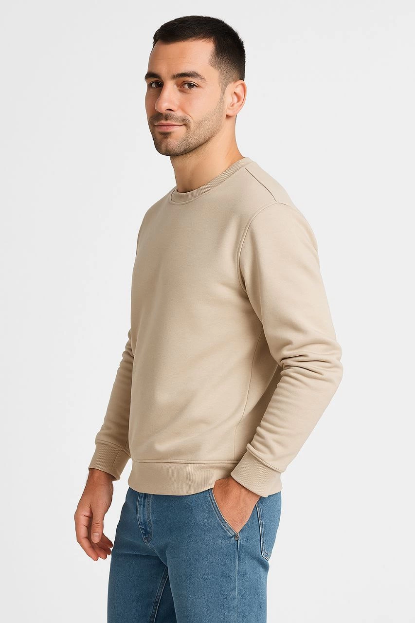 ASSEMA Erkek Üç İplik Düz Bisiklet Yaka SweatShirt - Bej