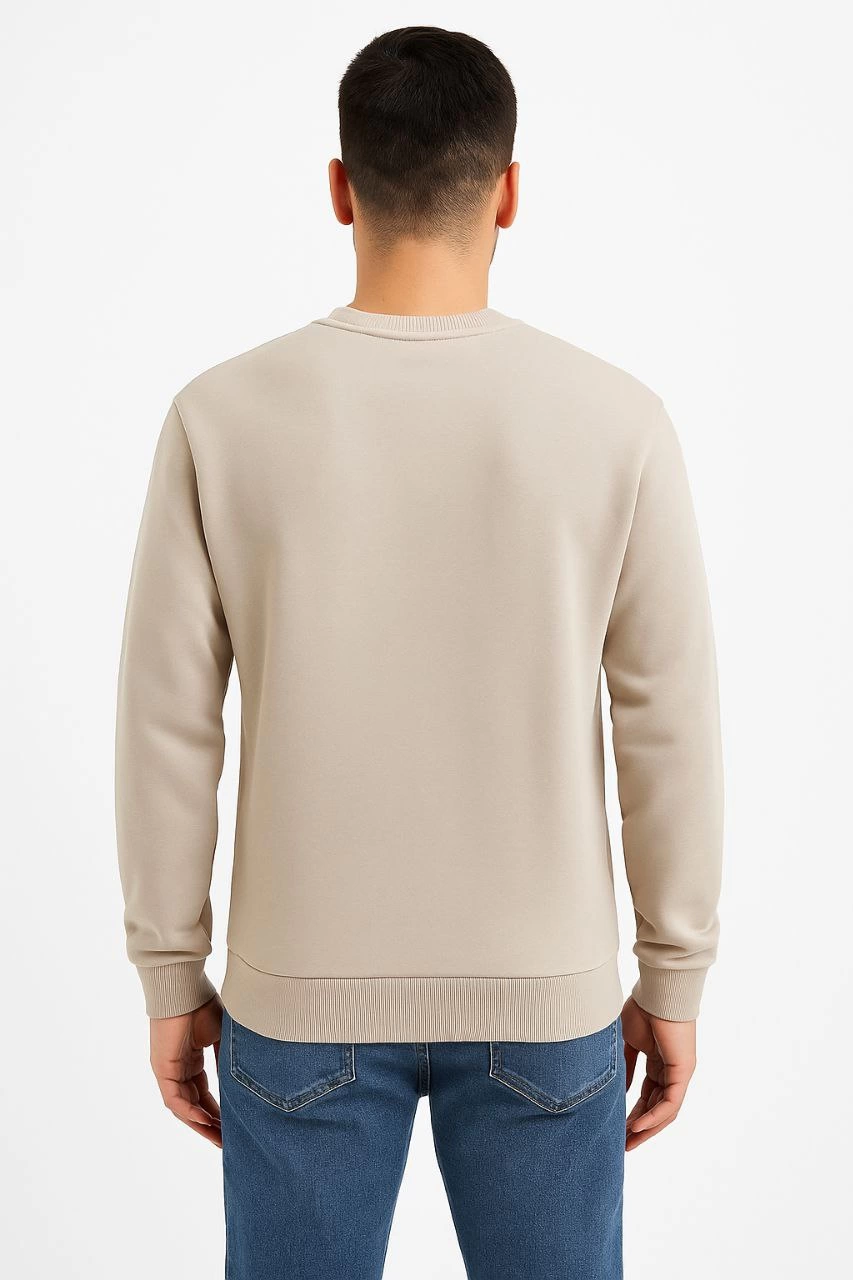 ASSEMA Erkek Üç İplik Düz Bisiklet Yaka SweatShirt - Bej