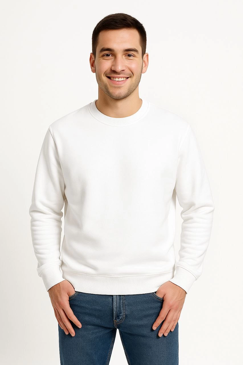 ASSEMA Erkek Üç İplik Düz Bisiklet Yaka SweatShirt - Beyaz