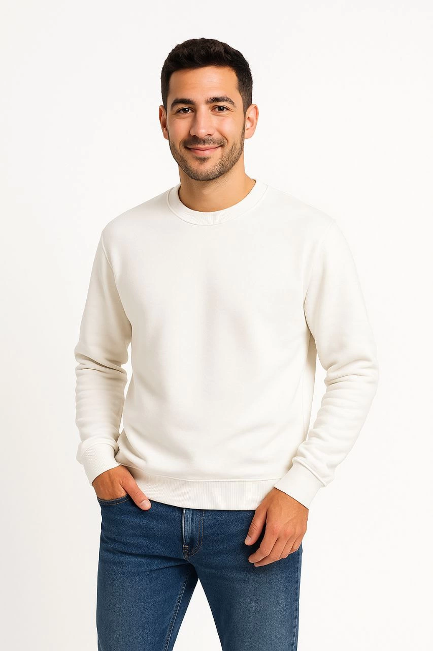ASSEMA Erkek Üç İplik Düz Bisiklet Yaka SweatShirt - Beyaz