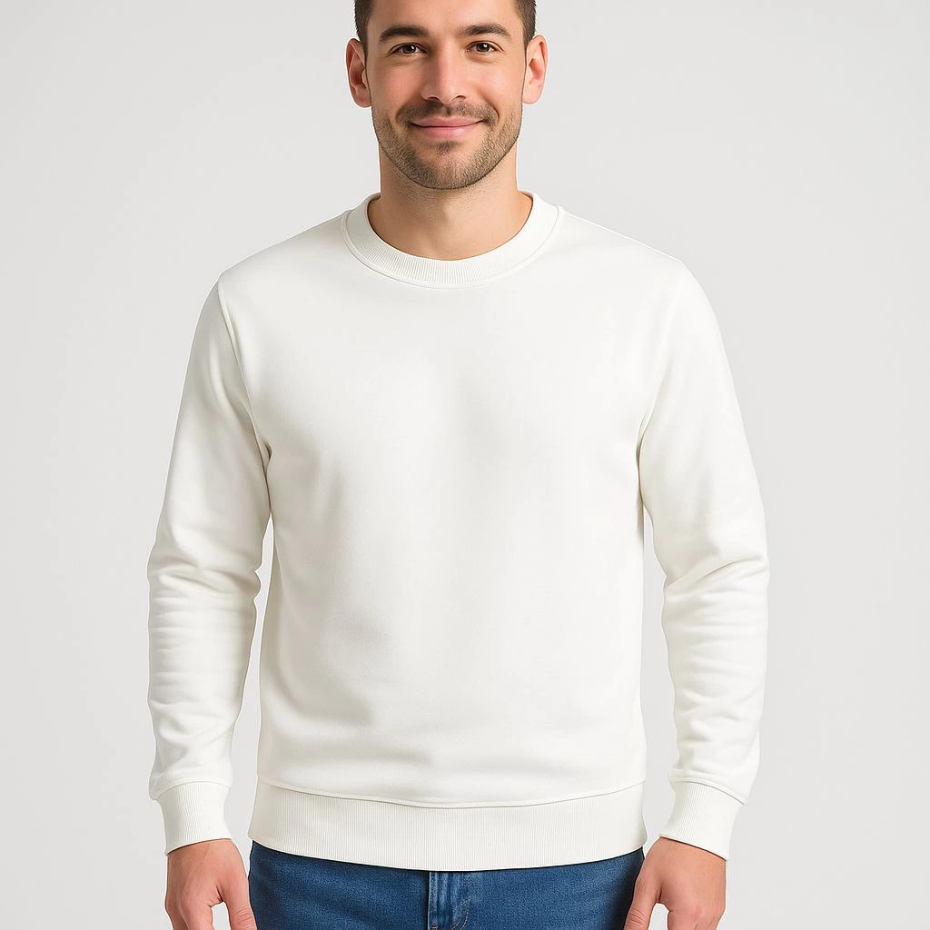 ASSEMA Erkek Üç İplik Düz Bisiklet Yaka SweatShirt - Beyaz