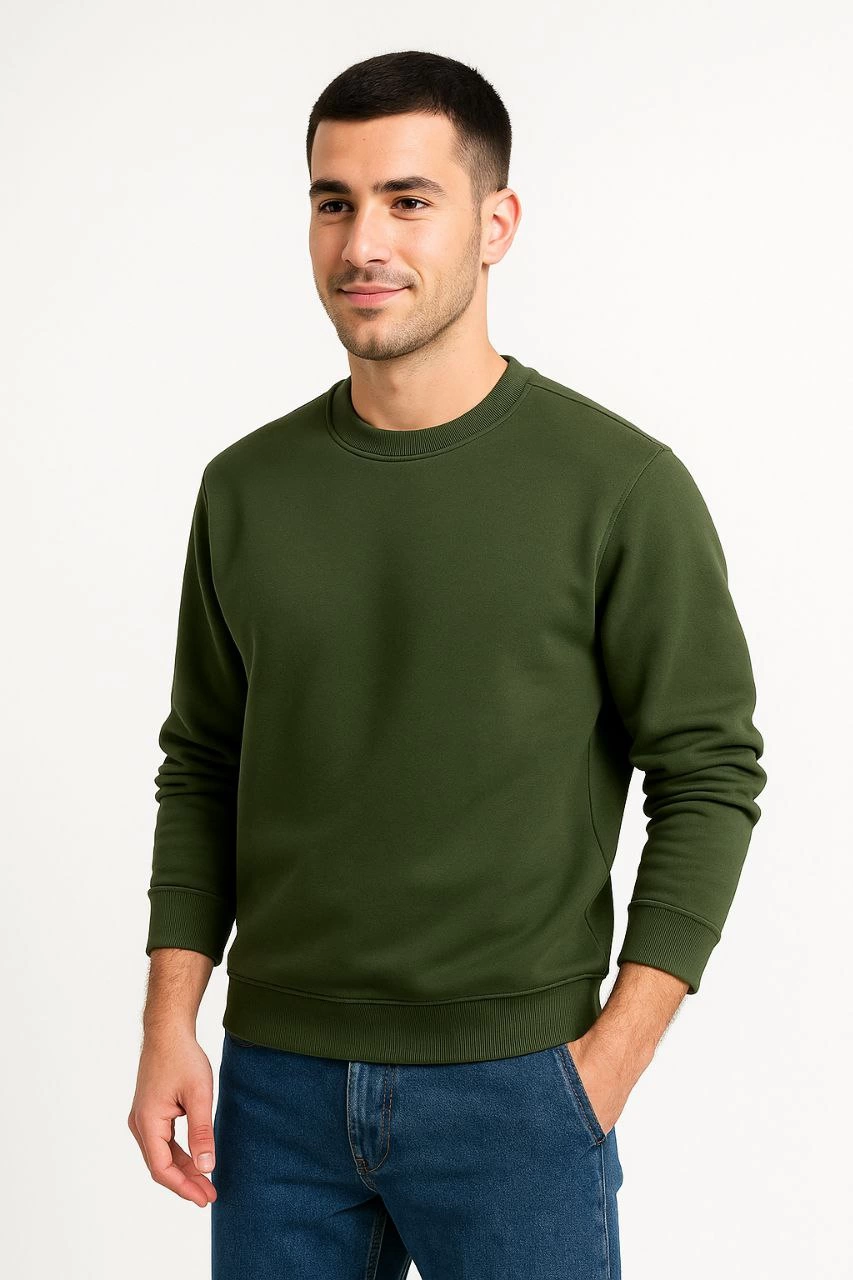 ASSEMA Erkek Üç İplik Düz Bisiklet Yaka SweatShirt - Haki