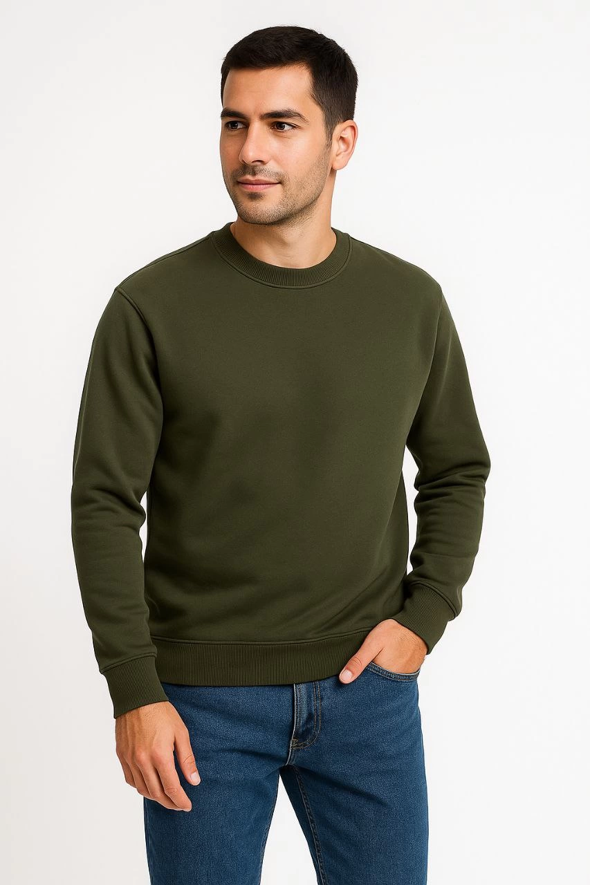 ASSEMA Erkek Üç İplik Düz Bisiklet Yaka SweatShirt - Haki