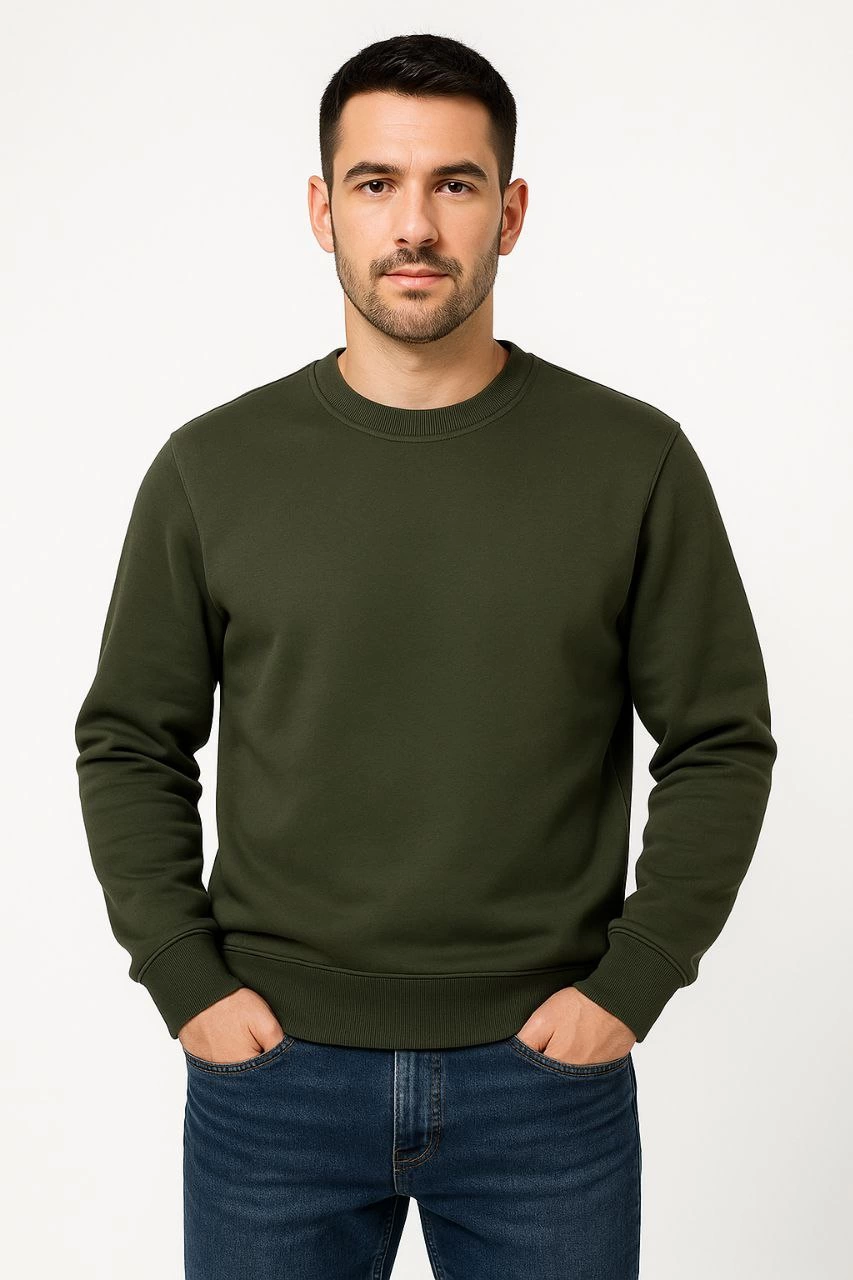 ASSEMA Erkek Üç İplik Düz Bisiklet Yaka SweatShirt - Haki