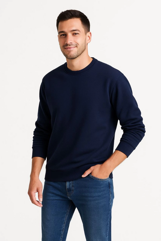 ASSEMA Erkek Üç İplik Düz Bisiklet Yaka SweatShirt - Lacivert