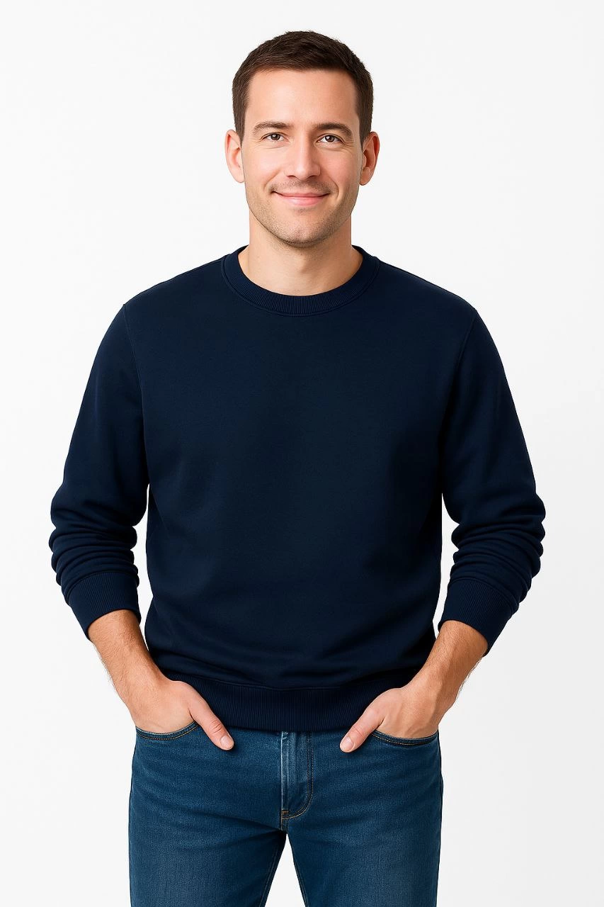 ASSEMA Erkek Üç İplik Düz Bisiklet Yaka SweatShirt - Lacivert
