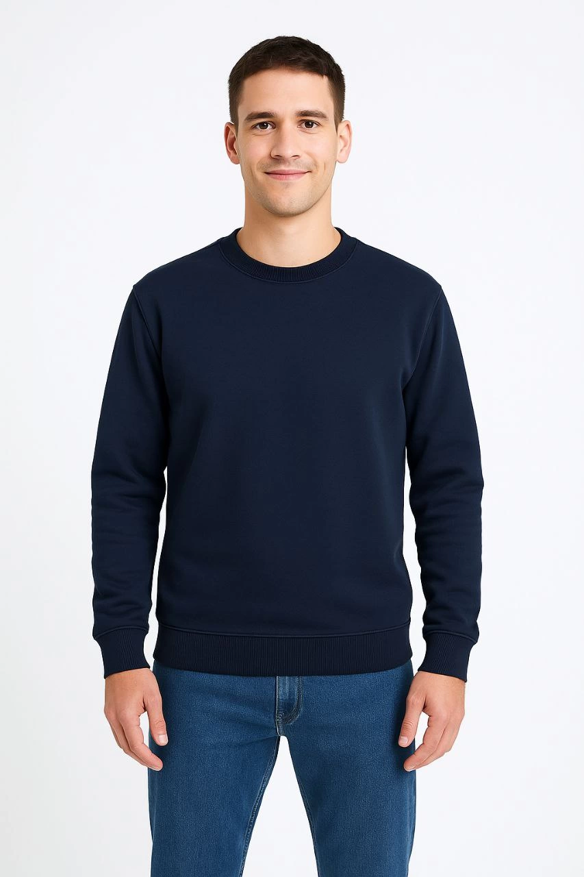 ASSEMA Erkek Üç İplik Düz Bisiklet Yaka SweatShirt - Lacivert