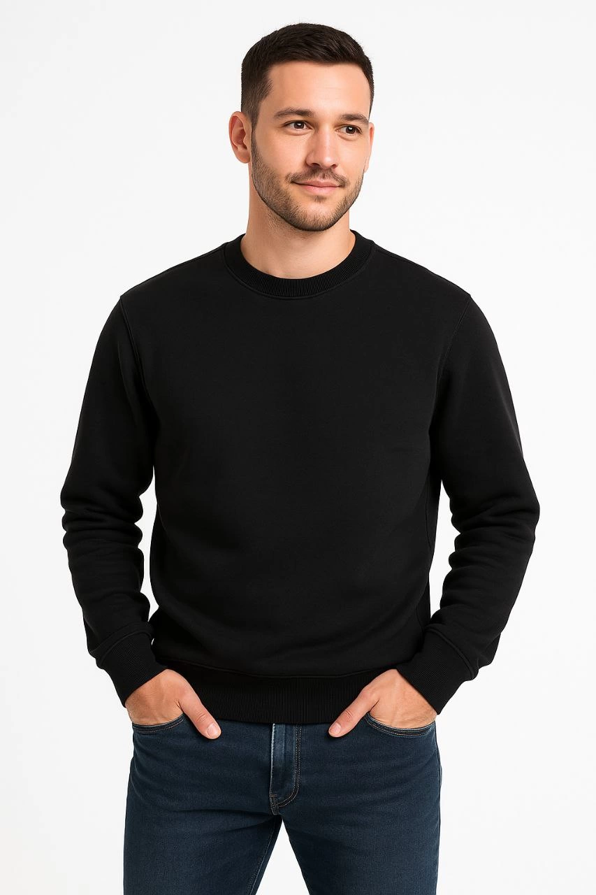ASSEMA Erkek Üç İplik Düz Bisiklet Yaka SweatShirt - Siyah