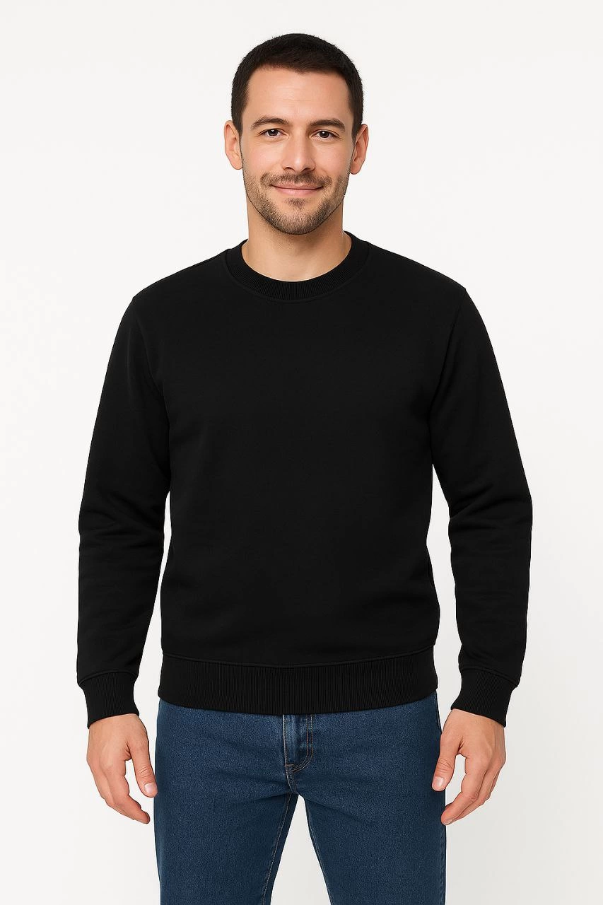 ASSEMA Erkek Üç İplik Düz Bisiklet Yaka SweatShirt - Siyah