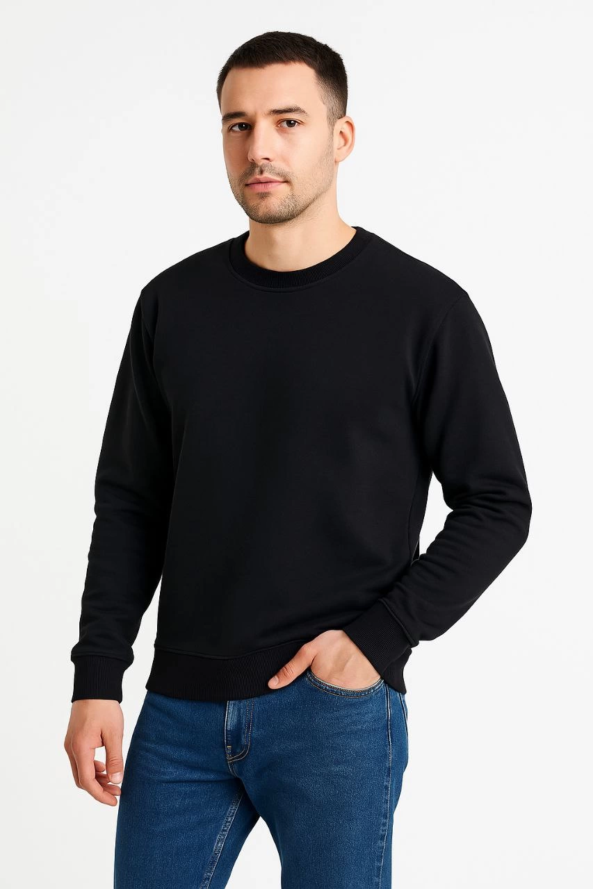 ASSEMA Erkek Üç İplik Düz Bisiklet Yaka SweatShirt - Siyah