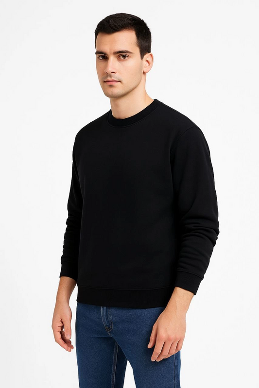 ASSEMA Erkek Üç İplik Düz Bisiklet Yaka SweatShirt - Siyah