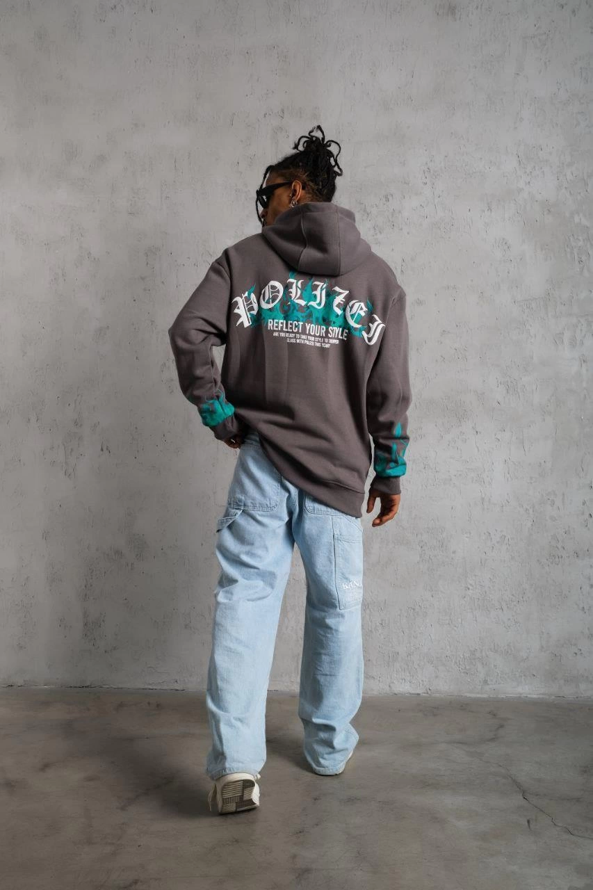 ASSEMA Erkek Üç İplik İçi Pamuklu Alev Baskılı Kapüşonlu Sweatshirt - Gri