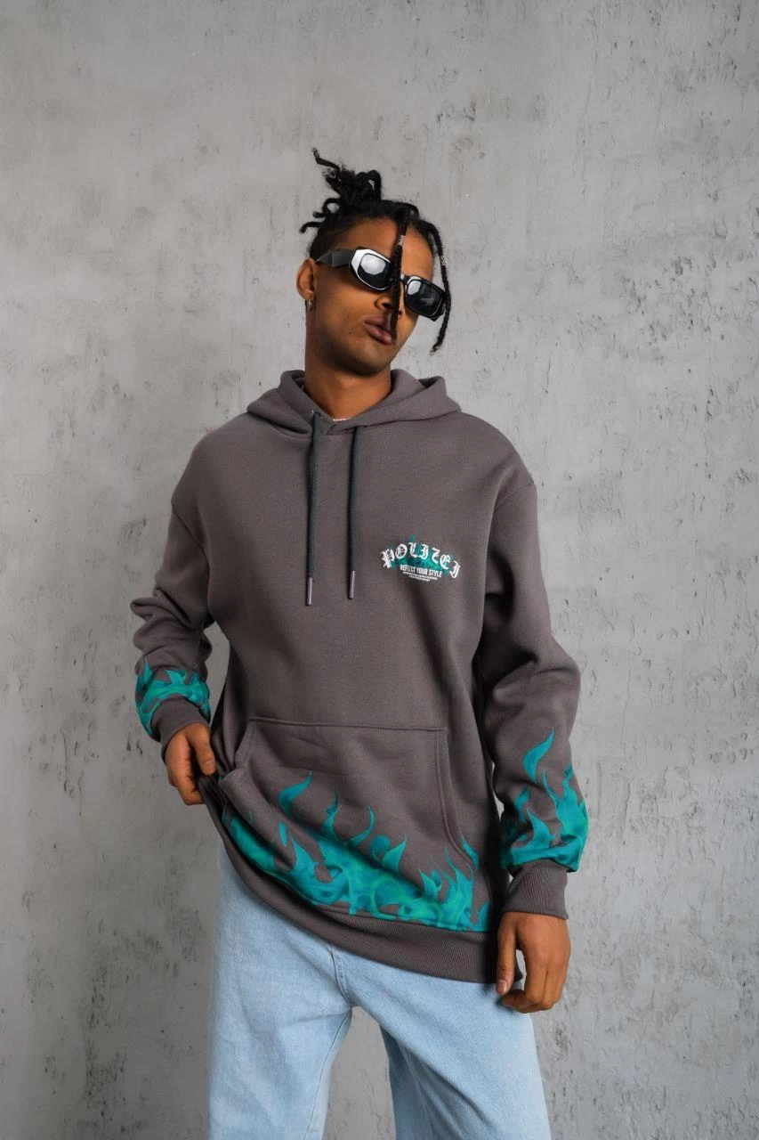 ASSEMA Erkek Üç İplik İçi Pamuklu Alev Baskılı Kapüşonlu Sweatshirt - Gri
