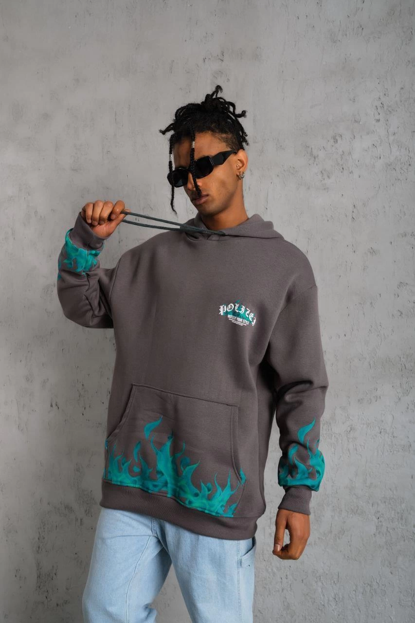 ASSEMA Erkek Üç İplik İçi Pamuklu Alev Baskılı Kapüşonlu Sweatshirt - Gri