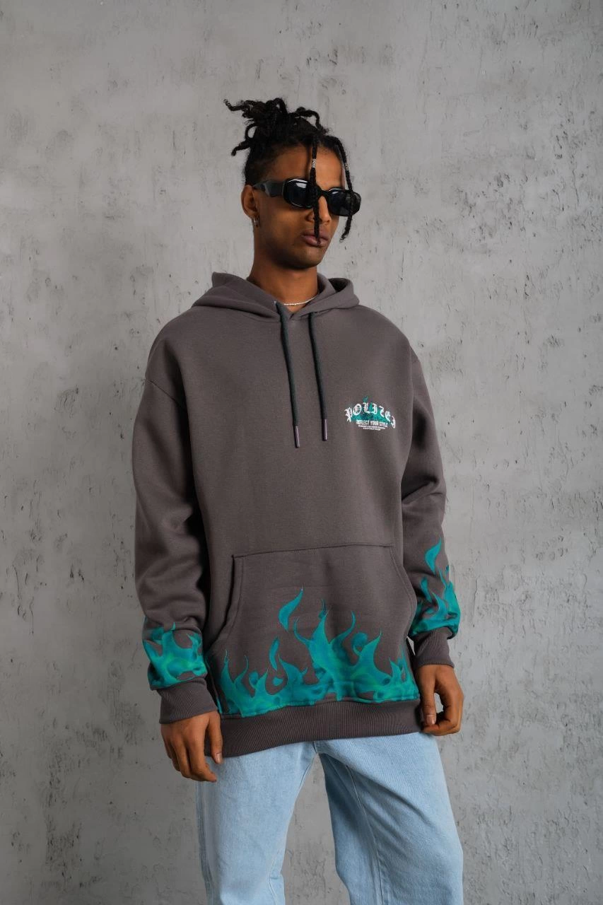 ASSEMA Erkek Üç İplik İçi Pamuklu Alev Baskılı Kapüşonlu Sweatshirt - Gri