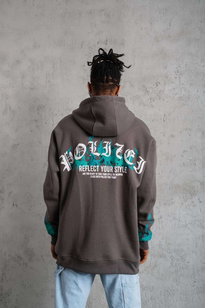 ASSEMA Erkek Üç İplik İçi Pamuklu Alev Baskılı Kapüşonlu Sweatshirt - Gri