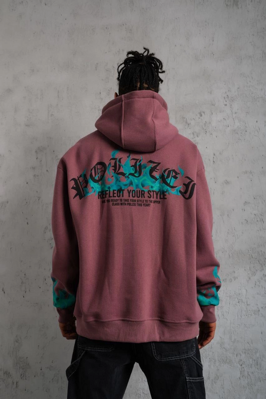 ASSEMA Erkek Üç İplik içi Pamuklu Alev Baskılı Kapüşonlu Sweatshirt - Gül Kurusu